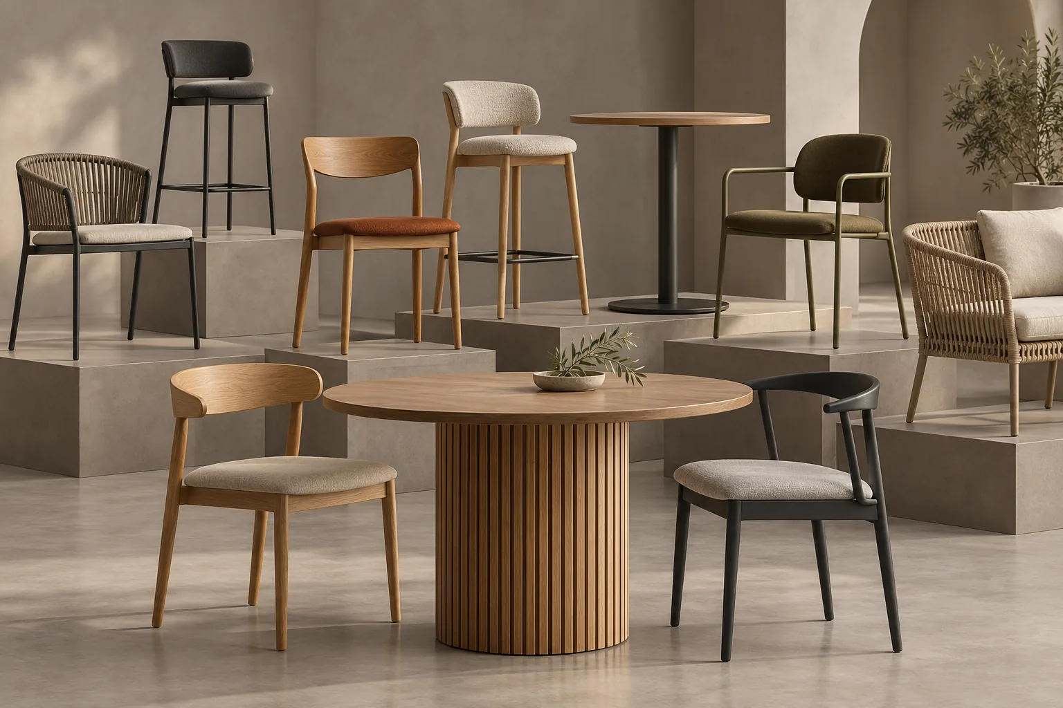 Restaurant chairs, tables and sample finishes on a restaurant furniture sample table