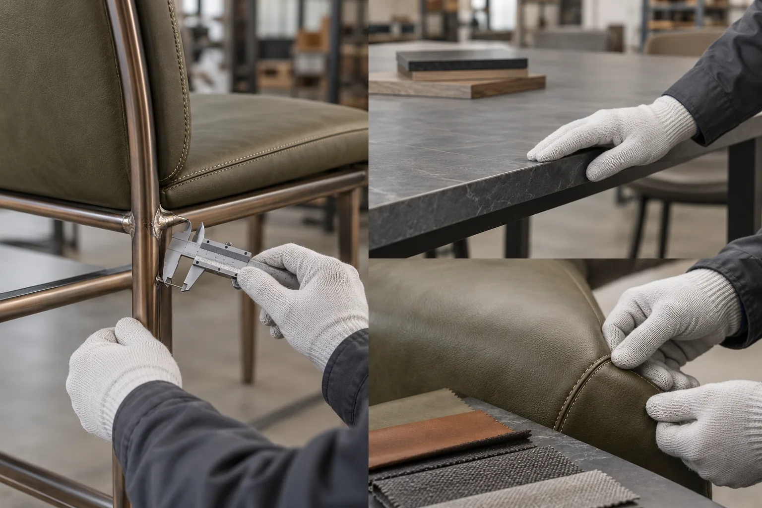 Technician inspecting restaurant furniture at a quality desk